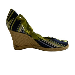 NINE West Wedge Blue Green Striped Ankle Wrap Tie Espadrille Sailor Core Casual